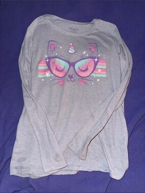The Children's Place Gray Long Sleeve Top with Colorful Unicorn-Cat Graphic
